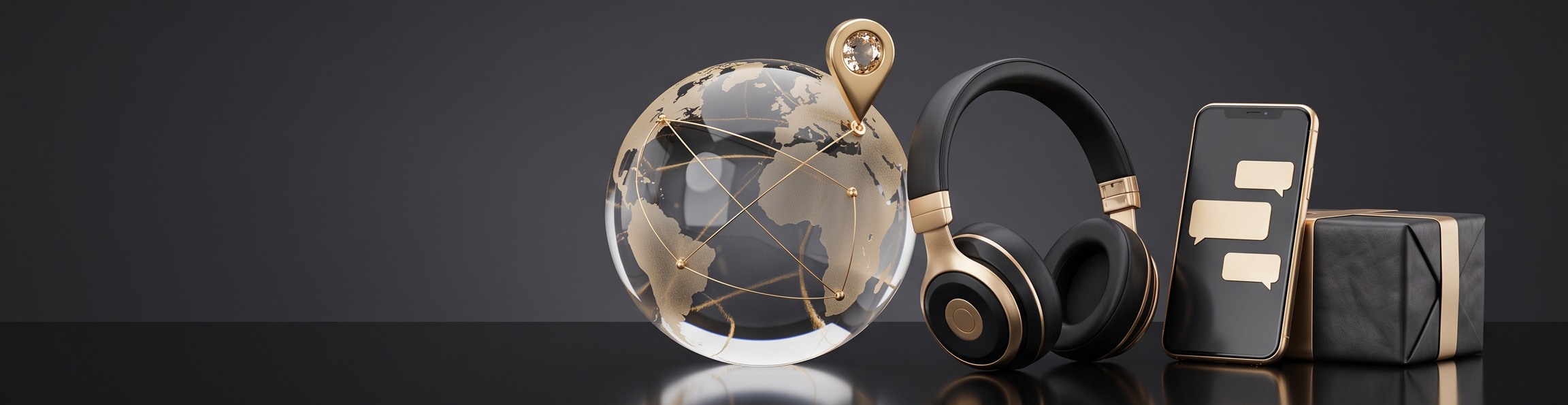 Arte dourada de rastreio e suporte: globo, localização, fone e conversa no celular